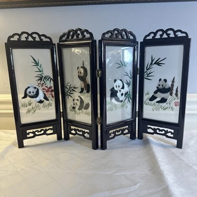 12” High 2 Sided Embroidered 4 Panel Desk Screen Pandas China Last Panel Signed - Image 1 of 4