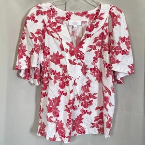 Charter Club Luxury Womens Top Medium Red Floral 100% Linen Flutter Boho 18602 - Picture 1 of 7