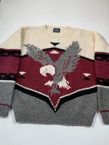 Vintage Woolrich Sweater Mens Medium 100% Wool Chunky Knit Eagle Animal AOP 80s - Picture 1 of 8