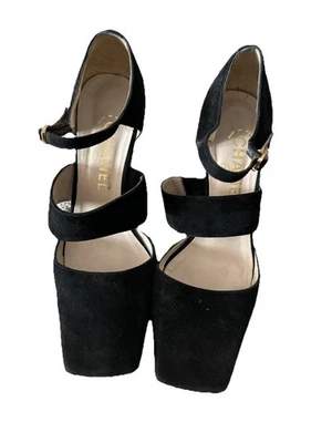 Chanel Mujer Zapatos Tacones Gamuza Negro Tacón Bloque Puntera Cuadrada Talla 37.5 DE COLECCIÓN Foto 1 de 4