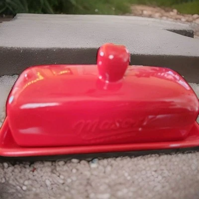Mason Craft  Red Ceramic Butter Dish with Lid Bright Red Stoneware Excellent  - Image 1 of 4