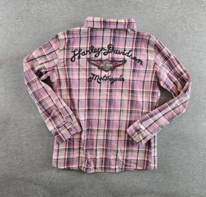 Harley-Davidson Big Girls' 7/8 Brushed Long Sleeve Button Plaid Shirt Pink - Picture 1 of 8