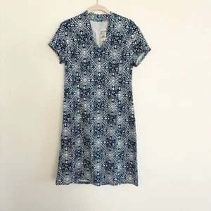 JM Collection Ivana Geometric Print V-Neck Dress Navy White Short Sleeve Size M - Picture 1 of 5