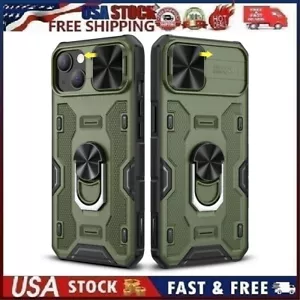 For iPhone 14 Magnetic Ring Stand Heavy Duty Case w/Slide Lens Cover Green - Picture 1 of 13