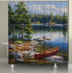 Shower Curtain Scene Nature Bathroom Set Forest Decor Print Sky Beautiful Lake - Picture 1 of 3