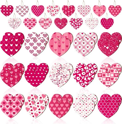 Valentines day Heart Love Wooden Ornaments - 46 Pcs Hanging Decoration Red Pink - Image 1 of 4