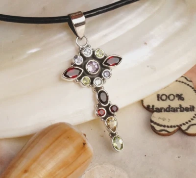 Massiv Groß Kreuz Kettenanhänger 6 cm Silber Amethyst Granat Peridot Multistone - Bild 1 von 4