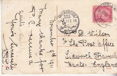 Egipto: Postal Pont de Guizireh, El Cairo-Alejandría TPO, al Reino Unido, 9 de noviembre de 1911 Foto 1 de 2