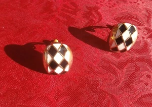 Estate Vintage Oval Harlequin Diamond Deco Design Enamel Gold Plated Earrings - Picture 1 of 7
