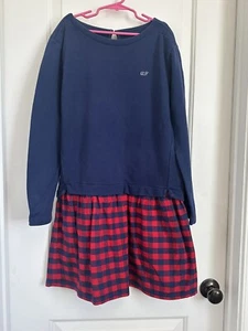 Vineyard Vines girls L 14 blue red check long sleeve dress - Picture 1 of 3