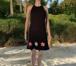 Vintage Y2K 90s Crochet Knit Halter Mini Dress Embroidered Flowers Size M - Picture 1 of 17