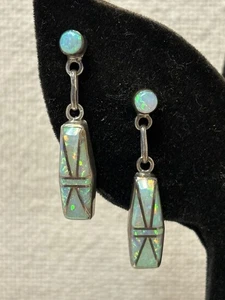 Vintage Pair D. Lucio Zuni Sterling Silver Opal Stud Drop Pierced Earrings - Picture 1 of 8