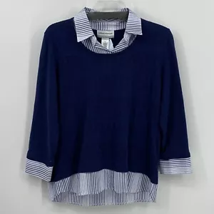 Alfred Dunner Preowned Womens Blue Stripped Top w/Attached Woven Sweater PXL - Picture 1 of 5