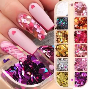 Nail Glitter Holo Flakes Love Heart Irridescent Mix Valentine Sequin 12 Grids - Picture 1 of 12