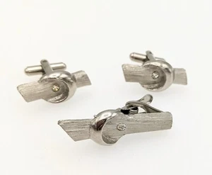 Modern Cufflinks Tie Clip Set Silver Tone Swank - Picture 1 of 6