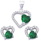 Green Emerald And Cz Heart 925 Sterling Silver Earring And Pendant Jewelry Set