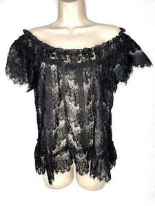 Odille Anthropologie Black Lace Flare Off Shoulder Babydoll Top Sz 8 - Picture 1 of 6