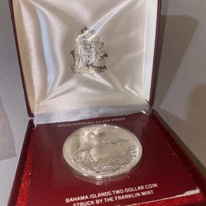 1975 BAHAMAS Franklin Mint COA Flamingo Sterling Silver Two Dollar Coin In Box - Picture 1 of 8