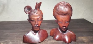 MCM Hong Kong Asian Busts Hand Carved Wood Figurines Statues READ Vintage - Picture 1 of 15