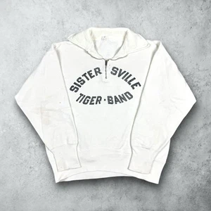 Felpa vintage anni 50 Champion Sisterville Tiger Quarter Zip bianca taglia media - Foto 1 di 11
