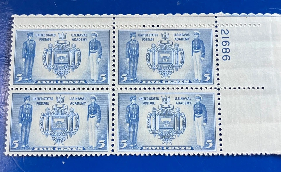 1936 US Naval Academy 5 Cent Plate Block. Vivid Ultramarine Color. Perfect Gift - Image 1 of 1