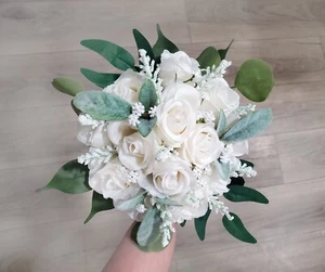 White Rose Bridal Bouquet Wedding Bridesmaid Flowers Eucalyptus Faux Prom Floral - Picture 1 of 2