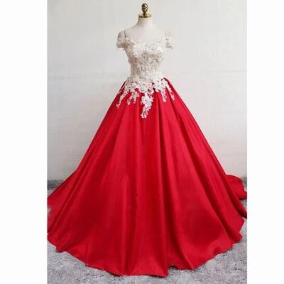 Vintage White and Red V Neck Wedding Dresses Lace Appliques Satin Bridal Gowns - Image 1 of 4