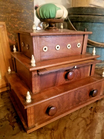 RARE New Hampshire Shaker Sewing Box Three TIERS 2 Drws & Thread Box  Pincushion Cover