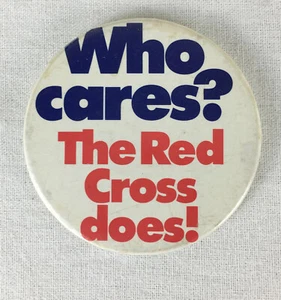 Vintage Pin Badge 'WHO CARES? THE RED CROSS DOES' 1980's 56mm (#A4) - Picture 1 of 3