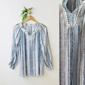 Keren Hart Blue Striped Embroidered Boho Peasant Blouse Women’s Size Medium - Picture 1 of 8