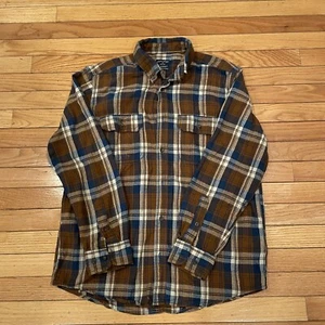 Faded Glory 100% Cotton Button Long Sleeve Shirt Mens M Plaid Brown/Blue - Picture 1 of 6