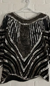 Judith Ann Creations Vintage S Black Silver 100% Silk Sequins Blouse Art Deco - Picture 1 of 15