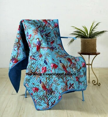 Indian Hand Bird Print Kantha Quilted Sofa Blanket Cotton Coverlet Bedding Throw - Image 1 of 4