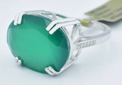 GENUINE  18.30 Cts GREEN ONYX & WHITE SAPPHIRE RING .925 Silver - NEW WITH TAG - Image 1 of 3