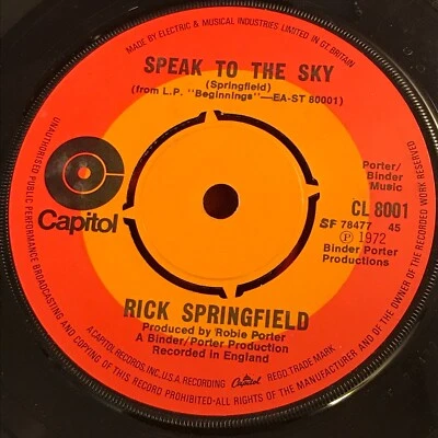 RICK SPRINGFIELD Speak To The Sky 1972 UK 7" vinyl single original 45 Why? - Image 1 of 2