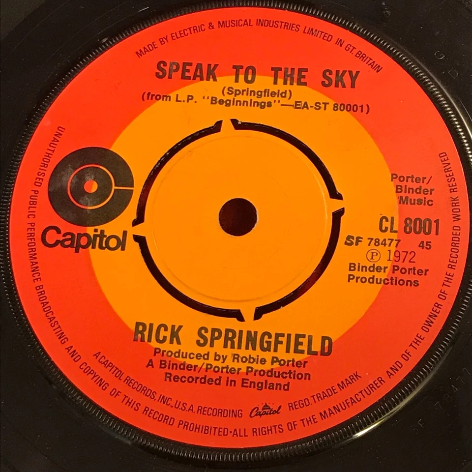 RICK SPRINGFIELD Speak To The Sky 1972 UK 7" vinyl single original 45 Why? - Image 1 of 2