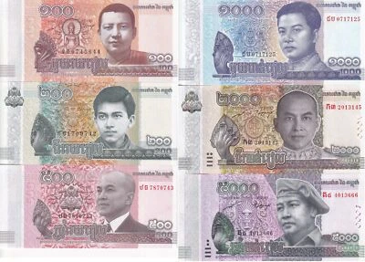 Cambodia Set 6 UNC 100 200 500 - 5000 Riels 2014/2022 P 65 65A 66 67 67A P 68 - Image 1 of 4