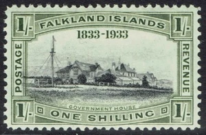 FALKLAND ISLANDS 1933 CENTENARY 1/- GOVERNMENT HOUSE - Picture 1 of 2