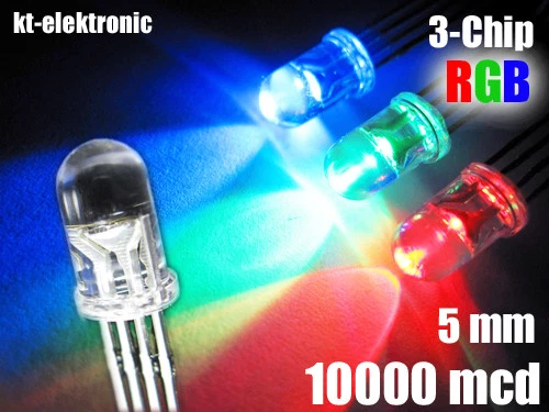KT-ELEKTRONIC 25 Stück LED 5mm RGB (-) 4 Pin steuerbar, gem. Minus ultrahell 10000mcd