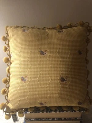 Vintage Chicken/Rooster Golden Harvest Color W/ Pom Pom Fringe —Pillow - Image 1 of 4
