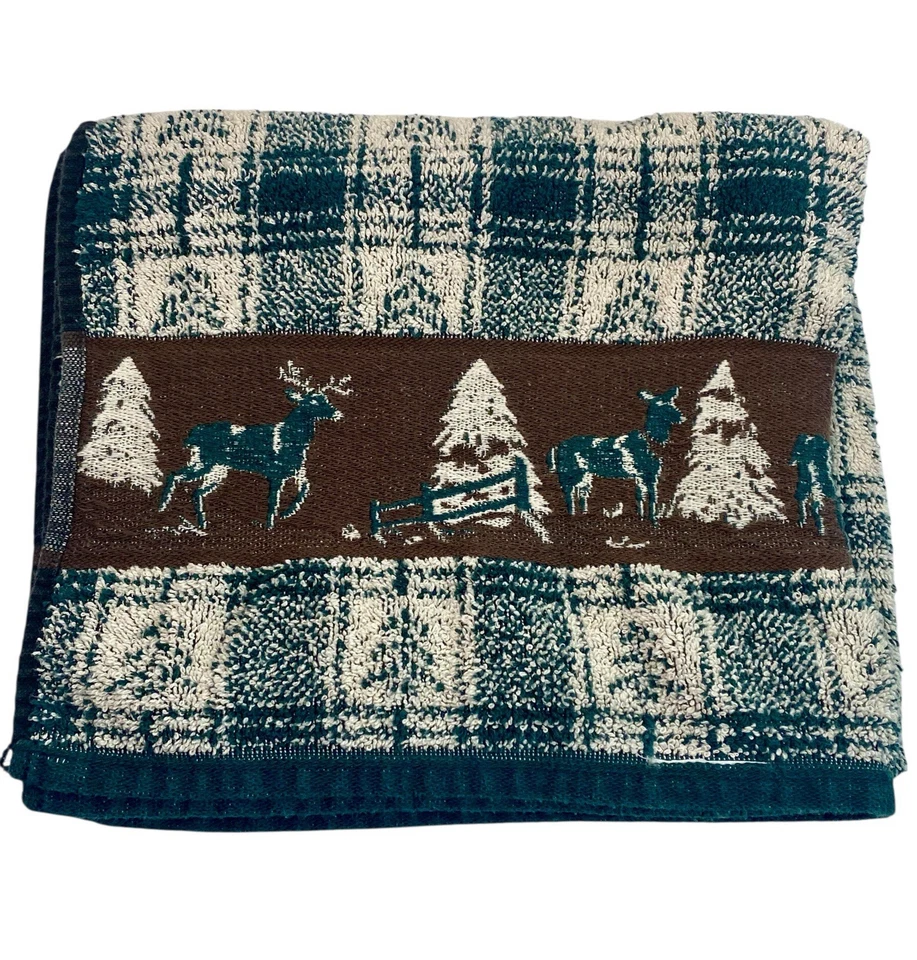 Santens Bath Towel Set Deer Christmas Tree Green Woven Vtg Cabin Lodge Decor - Image 1 of 3
