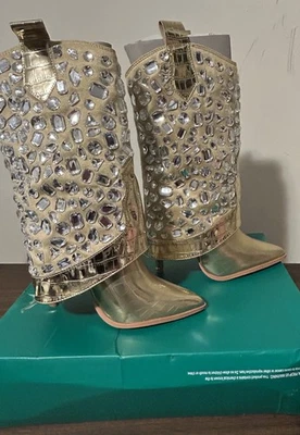 Botas de Vaquero Lauren Lorraine Hana Metálicas Doradas Adornadas Tacón de Aguja Talla 5.5 Foto 1 de 4