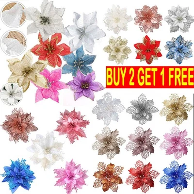 SOLDEASIL 10X Christmas Large Poinsettia Glitter Flower Tree Hanging Party Xmas Decor UK