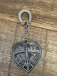 Original Paris Heart Shaped Double Sided Metallic Paris Keychain - Picture 1 of 8