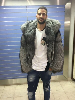 Luxury Full Skin Silver Fox Fur Mens Coat Real Fur Jacket Big Hood Silver Fox - Image 1 of 4
