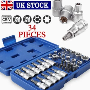 34Pieces Torx Star Spline Hex Socket Bit Set 3/8'' Drive Tool Kit Garage w/Case - Picture 1 of 11