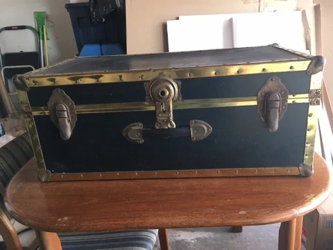 Vintage Black Storage Trunk, Brass Hinges & Lock, Lined. Used Cover