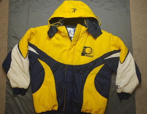 Vintage 90s Indiana Pacers Logo Athletic Full Zip Hooded Puffer Jacket Sz Large Cover