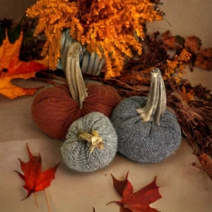 NEW Set Of 3 Handmade Fall Autumn Wool & Sweater Fabric Pumpkins Halloween Cute! - Picture 1 of 9