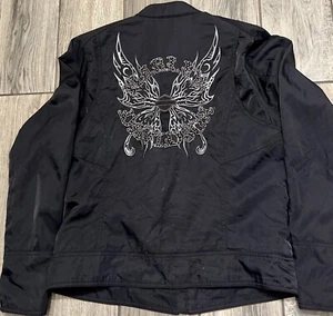 Harley Davidson Moto Jacket Women Y2K Embroidery Rhinestone Wings On Back  SZ M - Picture 1 of 6